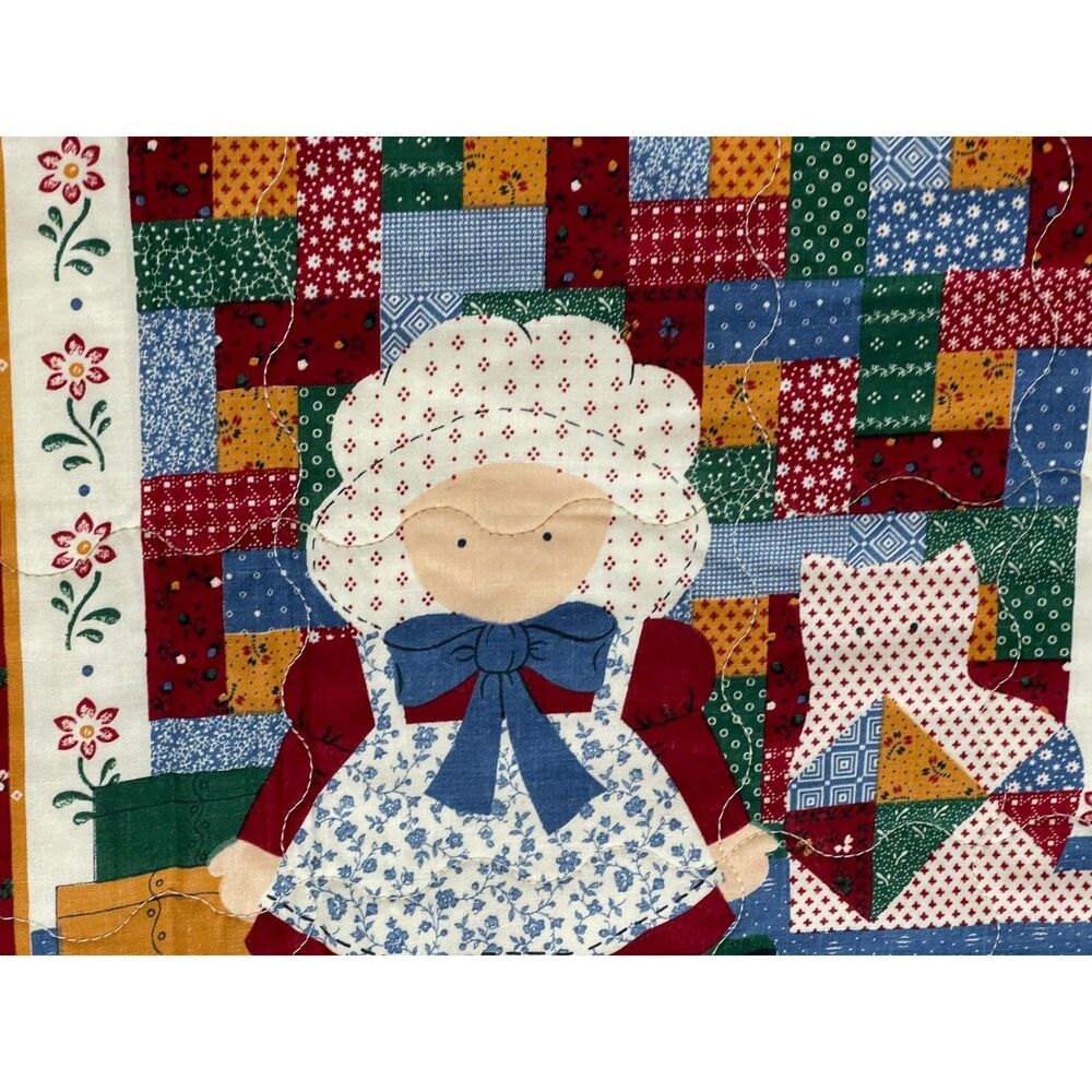 Vintage Sunbonnet Girl & Cat Cottagecore Handmade Quilt Cotton 42x31